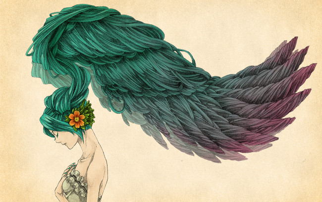 Обои картинки фото аниме, vocaloid, вокалоид, цветок, крылья, волосы