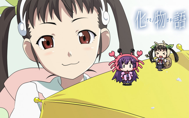 Обои картинки фото bakemonogatari, аниме, hachikuji mayoi, девушка, форма, портфель, бант, лента, улитка, зонт, краб, senjougahara hitagi