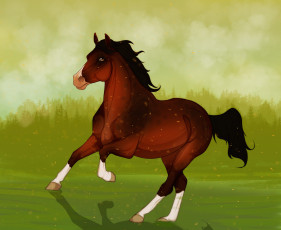 Картинка рисованные животные +лошади зелень коричневая лошадь