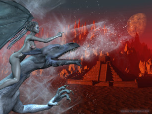 Картинка 3д+графика fantasy+ фантазия девушка взгляд полет дракон луна пирамида горы