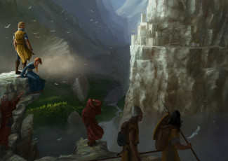 Картинка фэнтези люди девушка ущелье рыцари замок горы