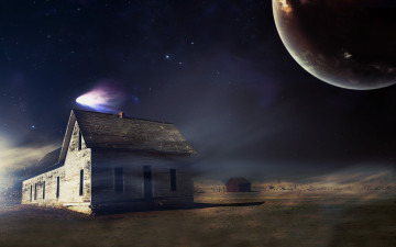 Картинка фэнтези фотоарт пустыня дом сарай комета
