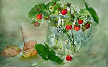 Картинка рисованные живопись ваза листья земляника этюд