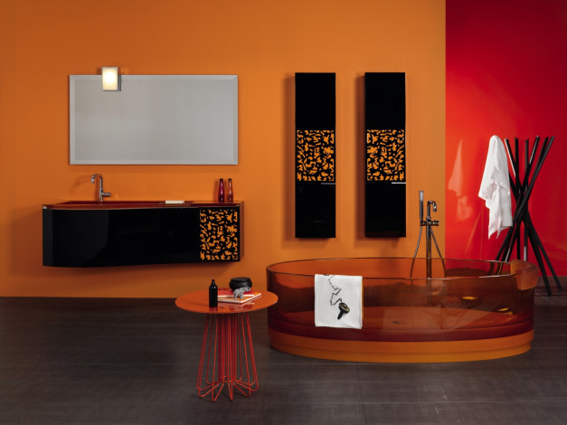 Обои картинки фото 3д графика, realism , реализм, оранжевый, ванная, комната, дизайн, интерьер