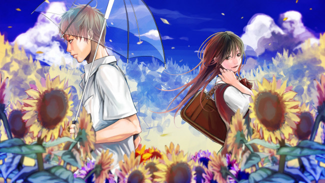 Обои картинки фото аниме, *unknown , другое, облака, подсолнухи, небо, школьники, зонтик, парень, девушка, kyo, 8sun, арт, лепестки