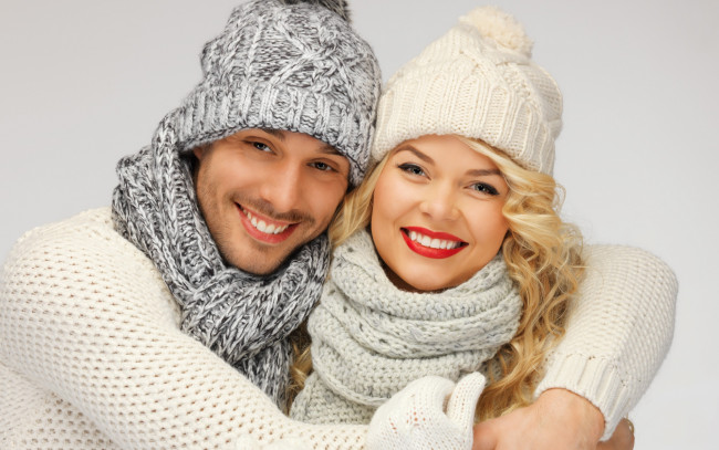 Обои картинки фото разное, мужчина женщина, парень, шарф, девушка, шапка, зима