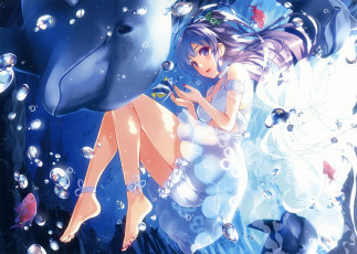 Картинка аниме животные +существа море арт kuroya shinobu девушка пузыри дельфин вода