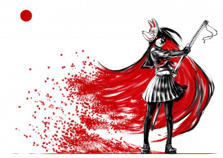 Картинка аниме оружие +техника +технологии маска красные листья девушка арт jaco меч волосы
