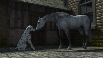 Картинка 3д+графика животные+ animals друзья собака лошадь
