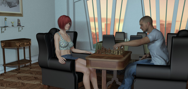 Обои картинки фото 3д графика, люди , people, взгляд, девушка, шахматы, улыбка, мужчина, стол, кресла, фон