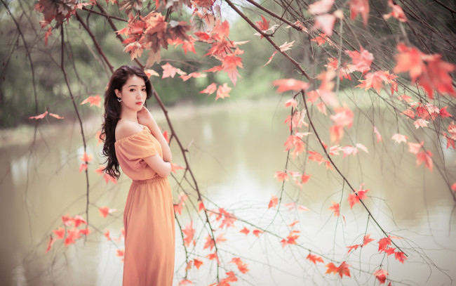 Обои картинки фото девушки, -unsort , азиатки, азиатка, дерево, река, красота, природа, девушка
