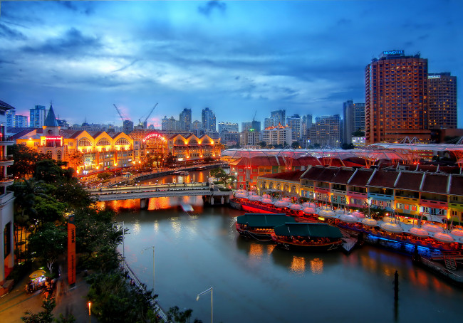 Обои картинки фото города, сингапур , сингапур, мост, ночь, река, дома, огни
