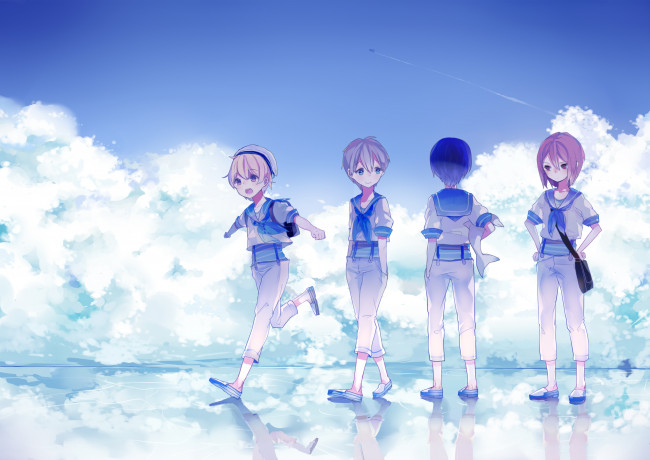 Обои картинки фото аниме, free, арт, ryugazaki, rei, hazuki, nagisa, matsuoka, rin, nanase, haruka, мальчики, небо, вода, bunuojiang