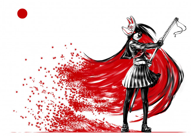Обои картинки фото аниме, оружие,  техника,  технологии, маска, красные, листья, девушка, арт, jaco, меч, волосы