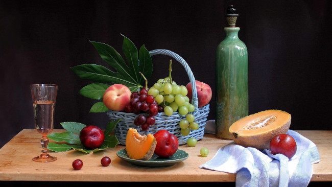 Обои картинки фото еда, натюрморт, персики, нектарины, дыня, виноград