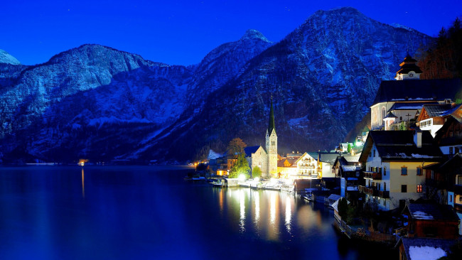 Обои картинки фото города, гальштат , австрия, огни, ночь, озеро, горы