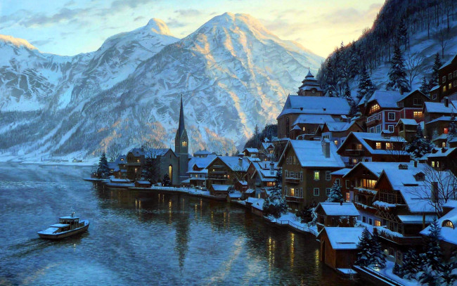 Обои картинки фото города, гальштат , австрия, снег, зима, озеро