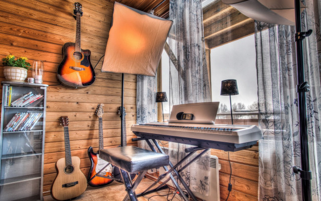 Обои картинки фото музыка, -музыкальные инструменты, комната, окно, гитара