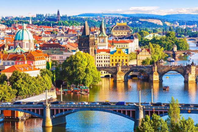 Обои картинки фото города, прага , Чехия, панорама, мосты, влтава, река