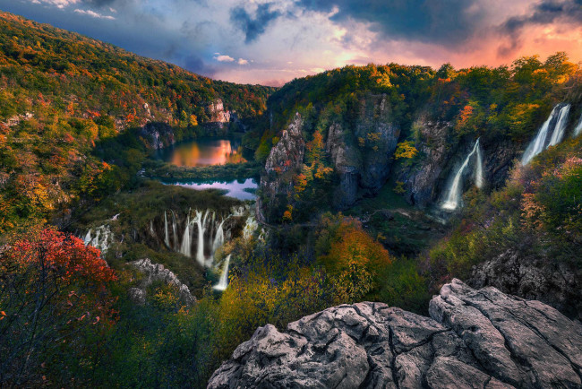 Обои картинки фото природа, водопады, вечер, водопад, озеро