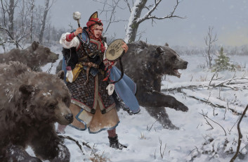 Картинка фэнтези маги +волшебники шаманка бубен медведи снег