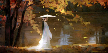 Картинка рисованное люди девушка зонт осень озеро