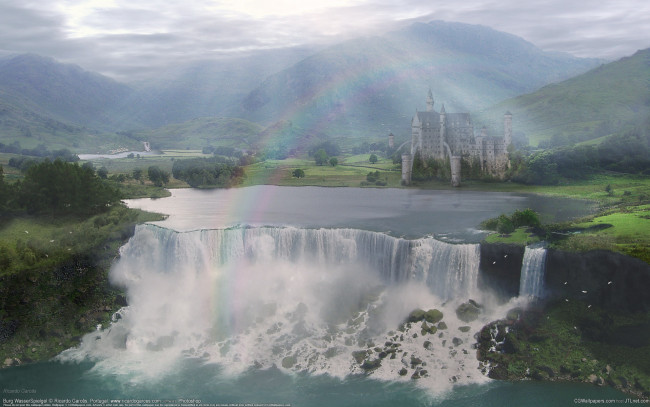 Обои картинки фото фэнтези, пейзажи, ricardo, garces, замок, водопад, радуга