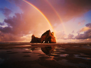 обоя over, the, rainbow, природа, радуга, скала, отлив, море