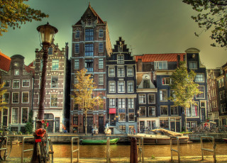 обоя города, амстердам, нидерланды, причал, фонари, дома