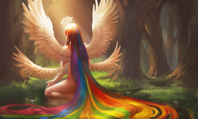 Обои картинки фото фэнтези, ангелы, лес, девушка, радуга, волосы, крылья, ангел, нимб, пруд, вода, цветы