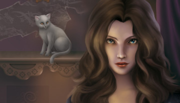 Картинка рисованные люди белая кудри кошка волосы взгляд девушка фон глаза