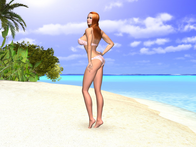 Обои картинки фото 3д графика, люди , people, девушка, взгляд, пляж, бикини, песок, море, пальмы