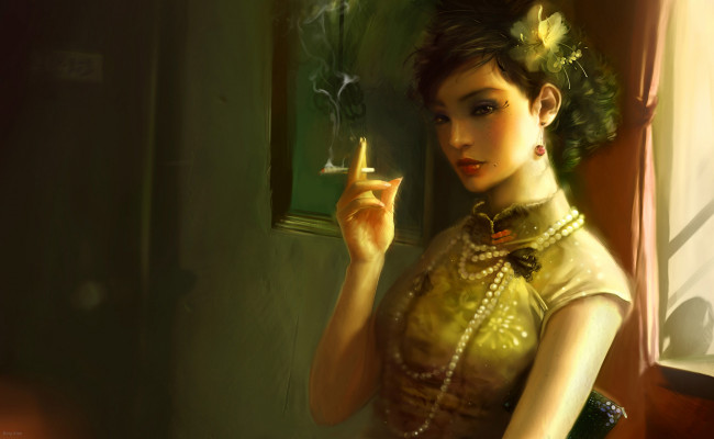 Обои картинки фото bing xiao, фэнтези, девушки, цветок, украшение, курение, девушка, комната, сигарета