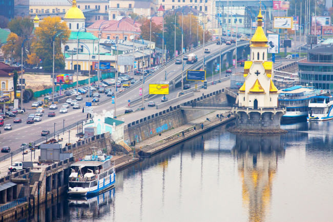 Обои картинки фото киев, города, киев , украина, река, мост, дома