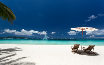 Картинка природа тропики sea beach берег пляж море palms sand tropical paradise shore summer пальмы песок