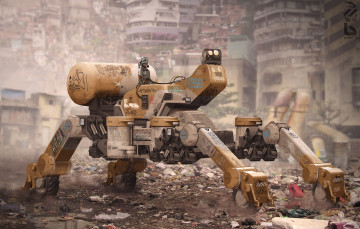 Картинка фэнтези роботы +киборги +механизмы мусор робот фантастика руины трущобы