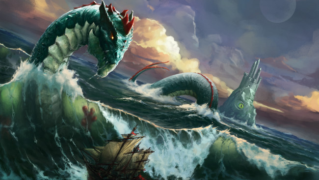Обои картинки фото фэнтези, существа, волны, море, монстр, окан, чудовище, морской, змей, корабль, шторм