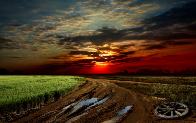 Обои картинки фото природа, восходы, закаты, грязь, landscape, дорога, трава, sky, закат, небо, sunset, nature, поле