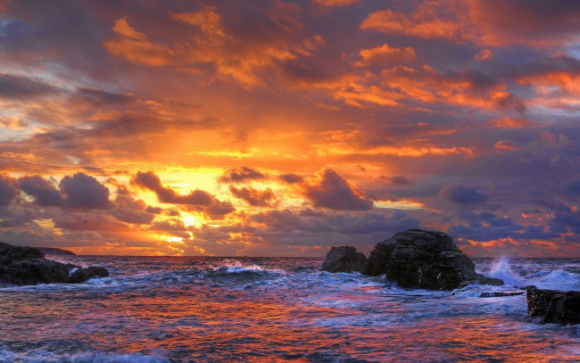 Обои картинки фото природа, восходы, закаты, море, прибой, закат, камни