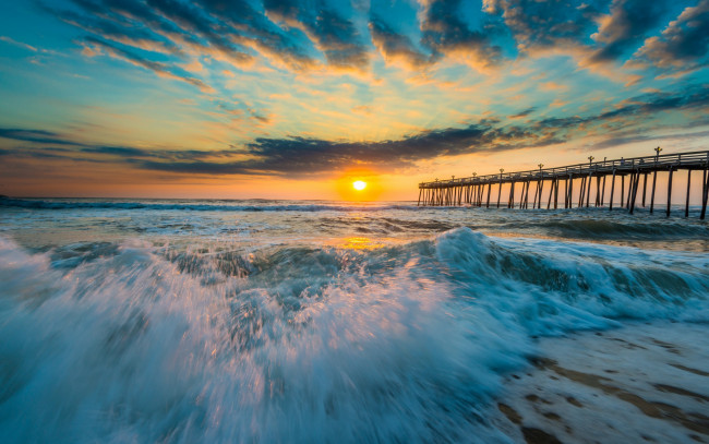 Обои картинки фото природа, восходы, закаты, океан, волна, закат, мост