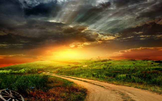 Обои картинки фото природа, восходы, закаты, закат, sky, landscape, sunset, nature, дорога, поле, небо