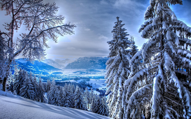 Обои картинки фото природа, зима, панорама, тени, деревья, горы, снег