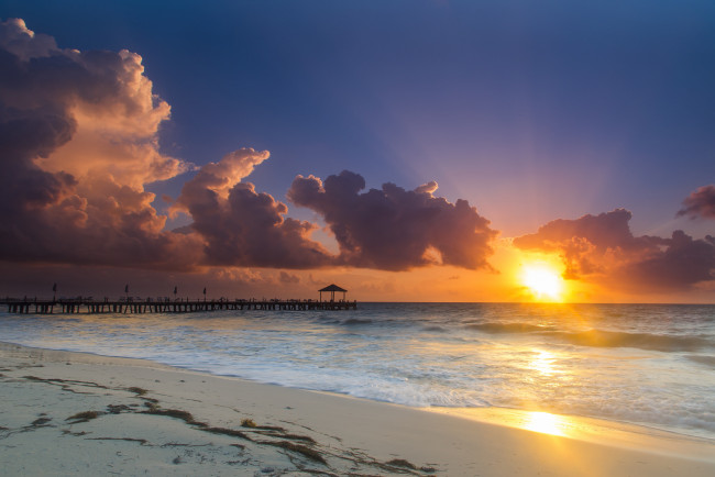 Обои картинки фото природа, восходы, закаты, пляж, море, закат, солнце, лучи