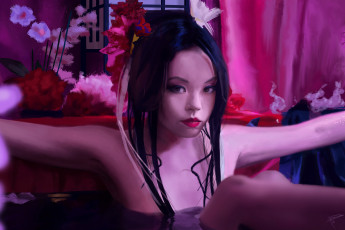 Картинка рисованное люди девушка oiran thomas bignon цветы взгляд азиатка