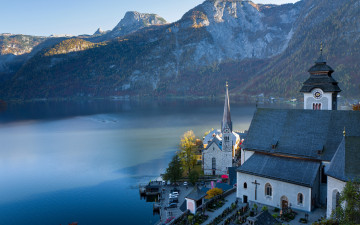 Картинка города -+католические+соборы +костелы +аббатства гальштат hallstatt austria alps lake альпы церковь гальштатское озеро австрия горы