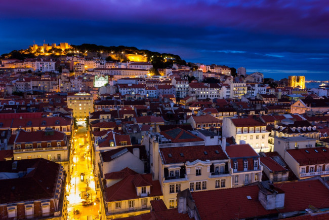 Обои картинки фото города, лиссабон , португалия, огни, панорама, вечер