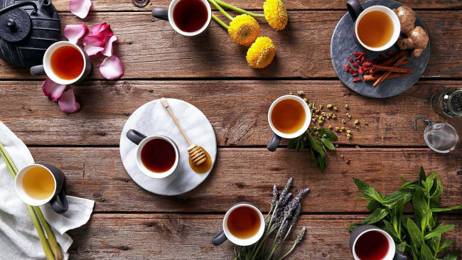 Обои картинки фото еда, напитки,  Чай, чай, мед, мята, имбирь, ассорти