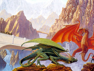 обоя фэнтези, драконы, скалы, мост