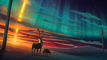 Картинка рисованное животные +олени ночь небо северное сияние северный олень
