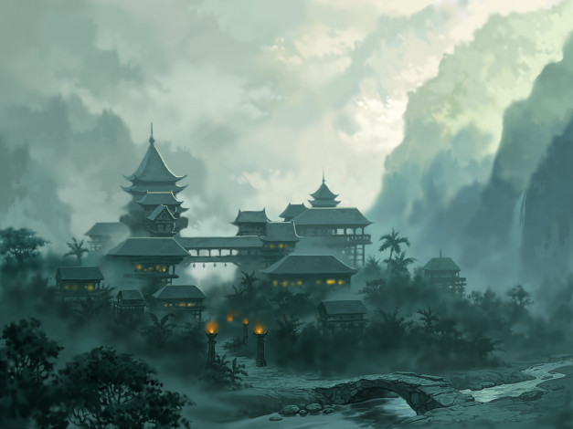 Обои картинки фото jade, dynasty, видео, игры, туман, мост, пейзаж, город, огни, горы, река